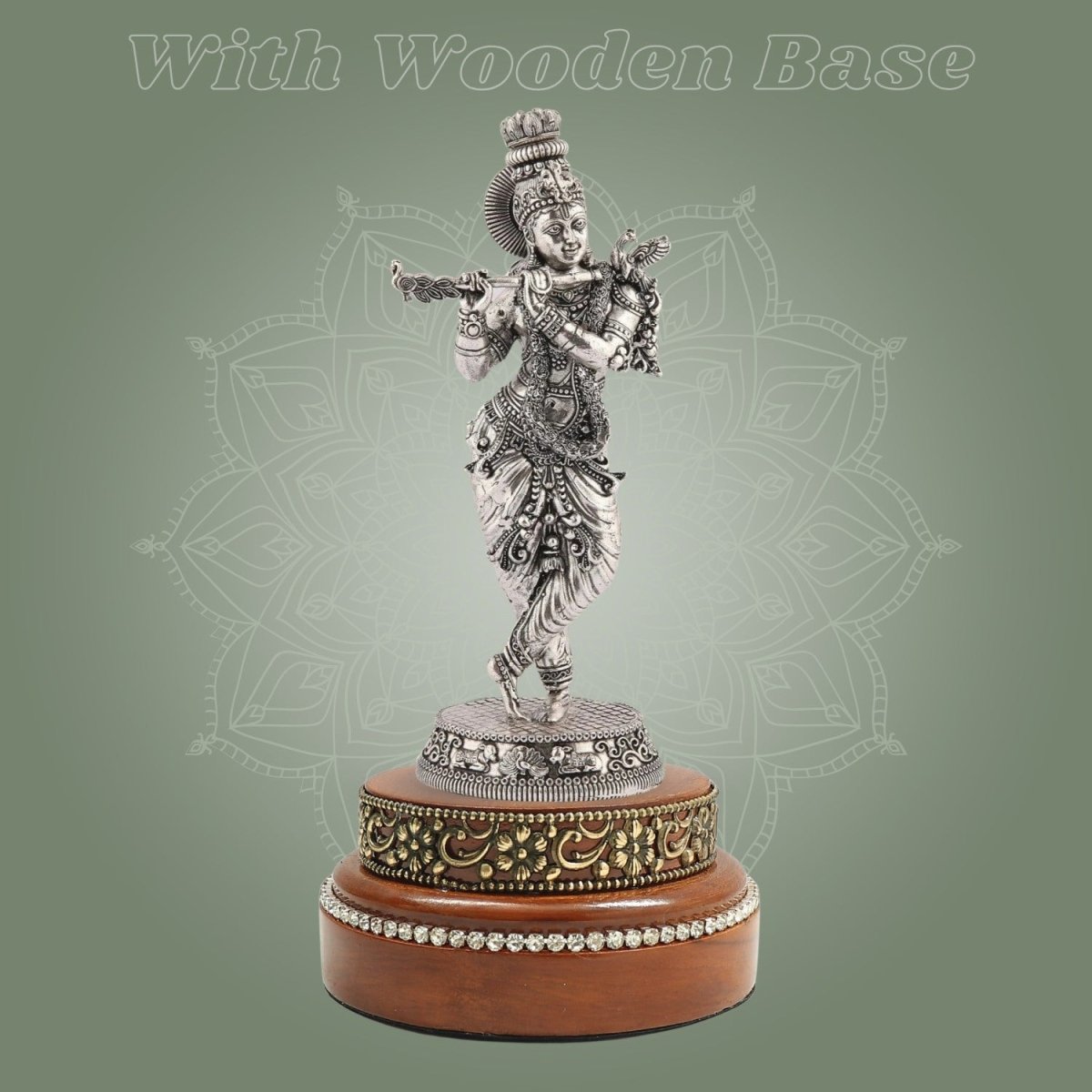 Lord Krishna Idol on Round Wood Base – 7.5" Silver Finish Handcrafted Pure Brass - Luxeartisanship