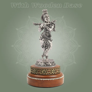 Lord Krishna Idol on Round Wood Base – 7.5" Silver Finish Handcrafted Pure Brass - Luxeartisanship