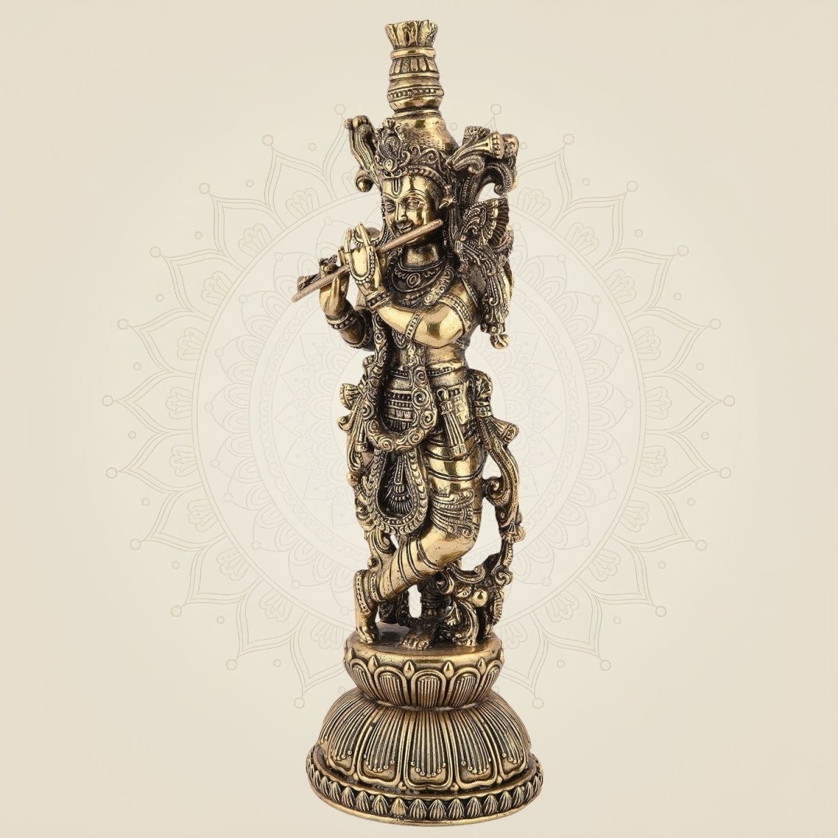 Lord Krishna Playing Flute Idol - 10.75 Pure Brass Handcrafted Lightweight Statue - Luxeartisanship