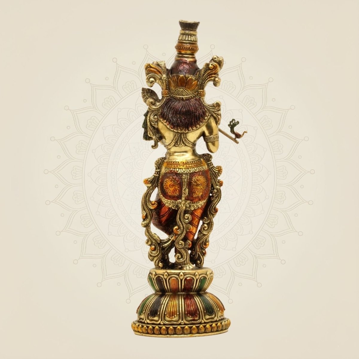 Lord Krishna Playing Flute Idol - 10.75 Pure Brass Handcrafted Lightweight Statue - Luxeartisanship