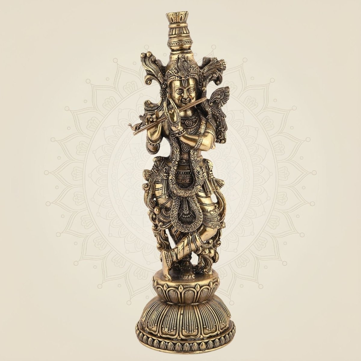 Lord Krishna Playing Flute Idol - 10.75 Pure Brass Handcrafted Lightweight Statue - Luxeartisanship