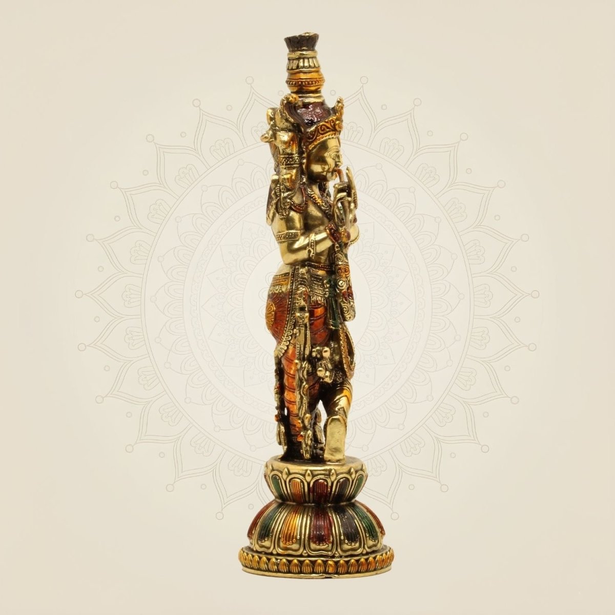 Lord Krishna Playing Flute Idol - 10.75 Pure Brass Handcrafted Lightweight Statue - Luxeartisanship