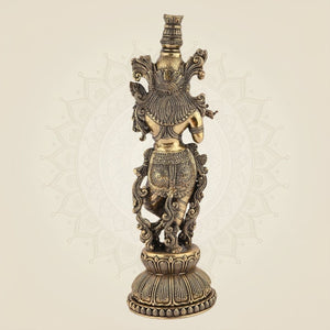 Lord Krishna Playing Flute Idol - 10.75 Pure Brass Handcrafted Lightweight Statue - Luxeartisanship