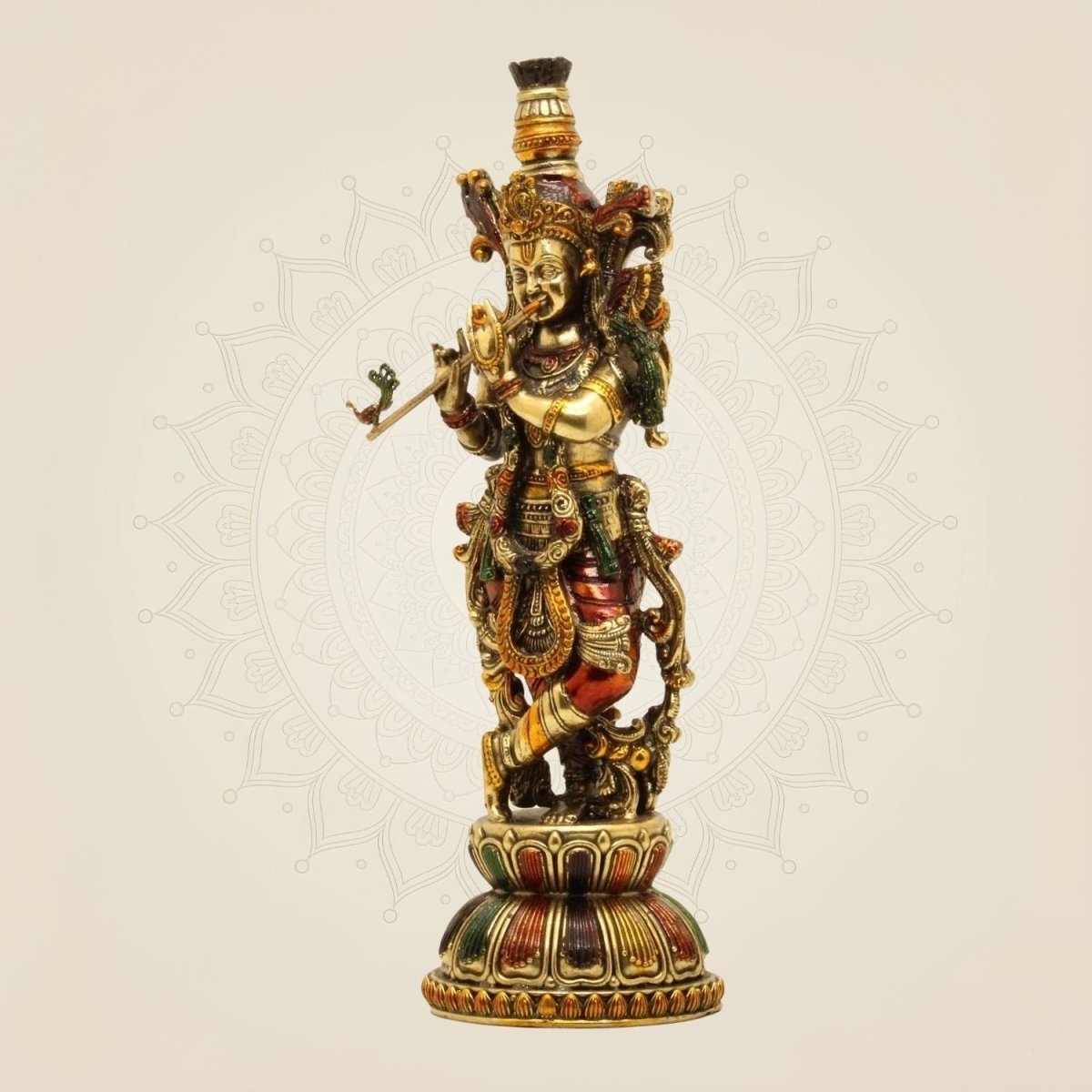Lord Krishna Playing Flute Idol - 10.75 Pure Brass Handcrafted Lightweight Statue - Luxeartisanship