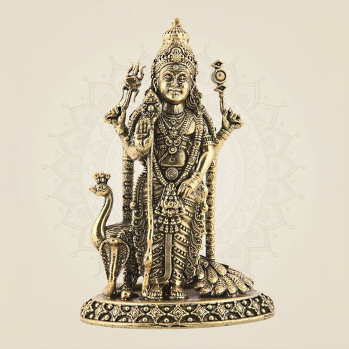 Lord Murugan Brass Idol with Peacock – 5" Standing Kartikeya Statue Decor