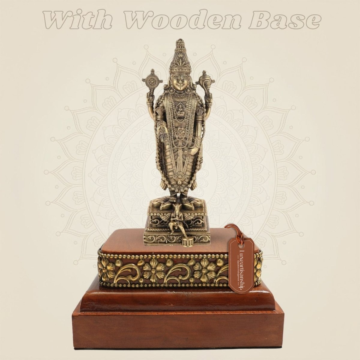 Lord Venkateswara Tirupati Balaji Idol (7.75″) with Square Wood Platform - Luxeartisanship