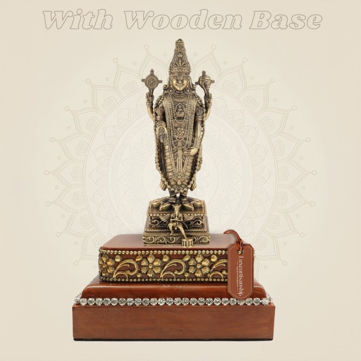 Lord Venkateswara Tirupati Balaji Idol (7.75″) with Square Wood Platform - Luxeartisanship