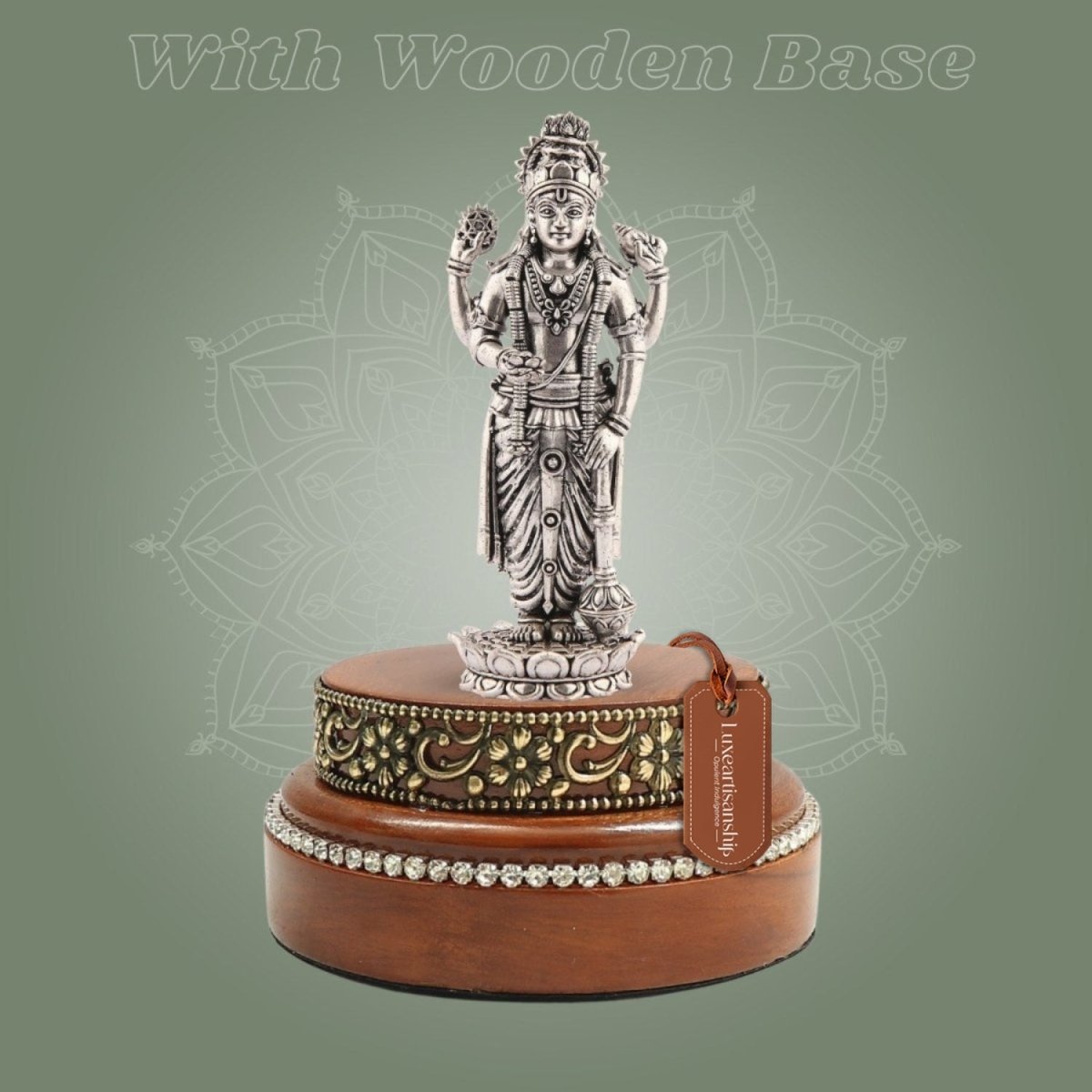 Silver Plated Brass Vishnu Murti on Hand-Finished Wooden Base