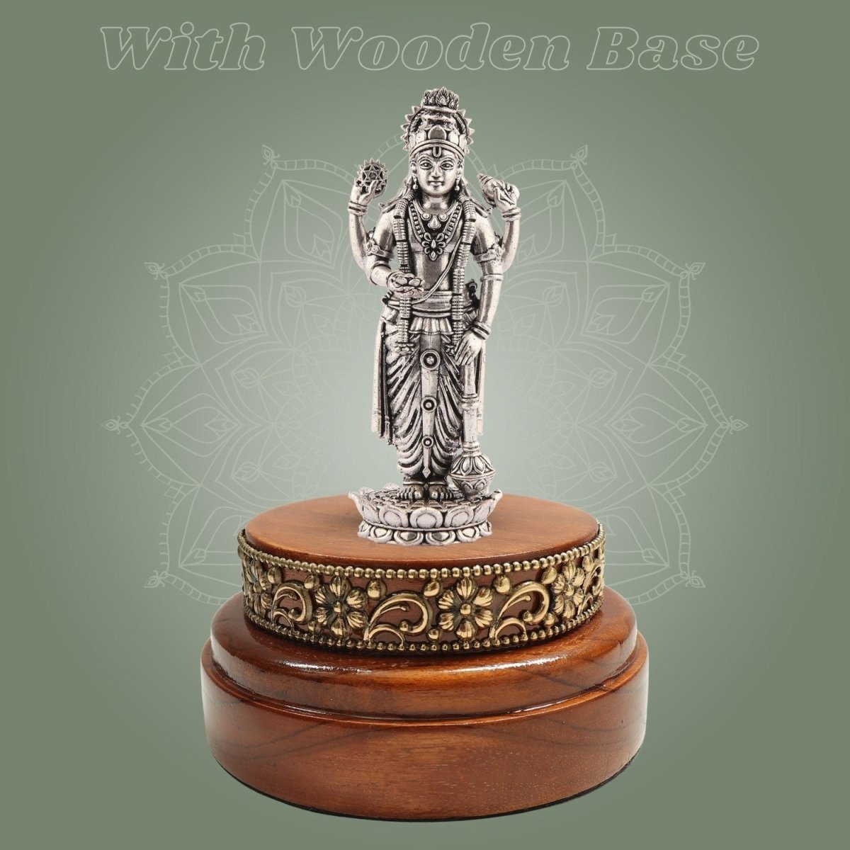 Lord Vishnu Idol 5.75" in Silver - Plated Brass with Hand - Finished Round Wood Base - Luxeartisanship