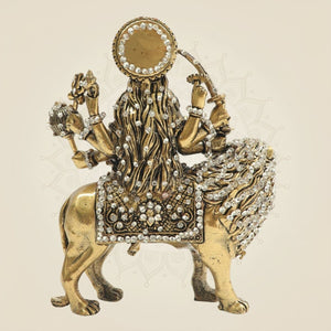 Maa Durga Brass Idol 6" Seated on Lion with Jewellery Stone Accents - Luxeartisanship