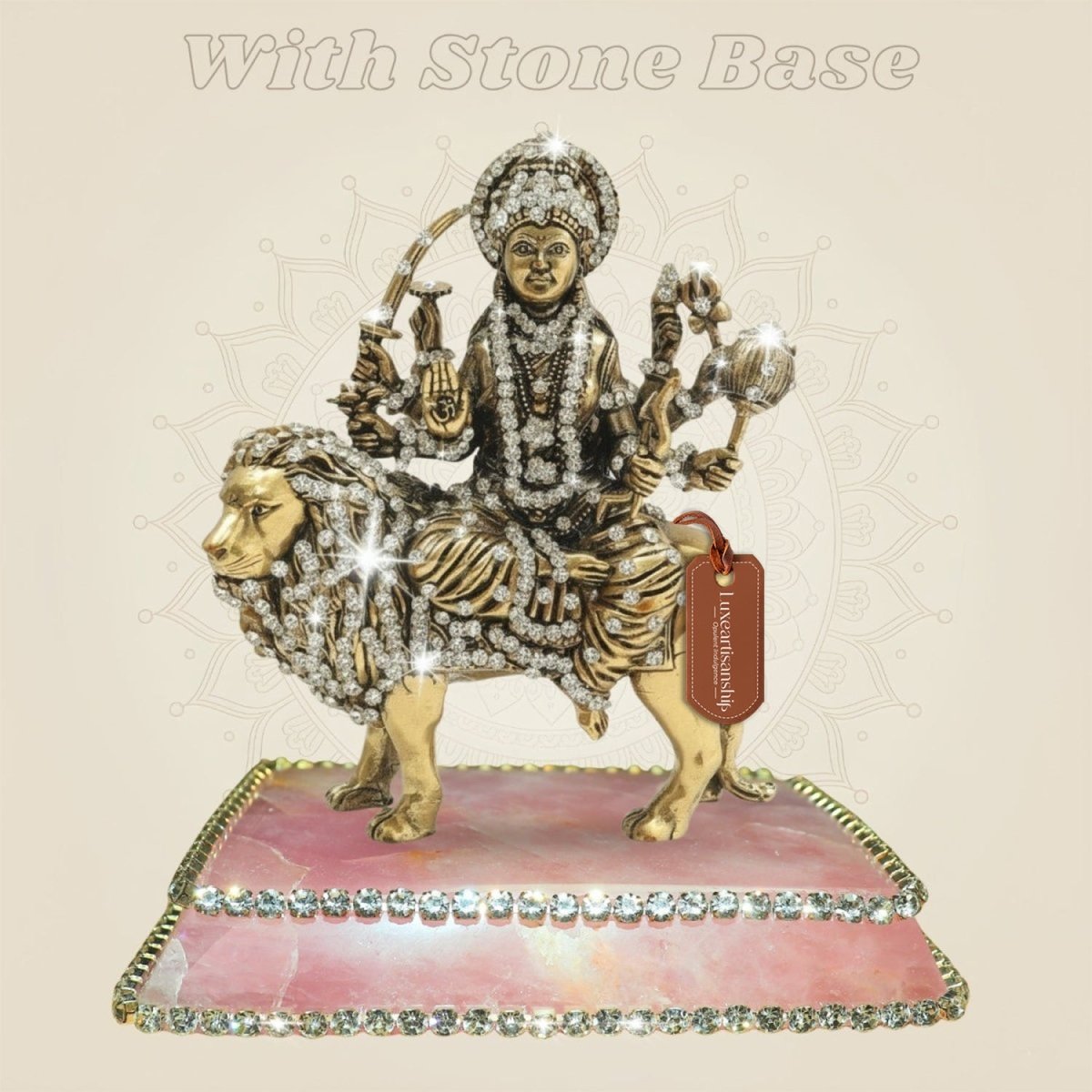 Maa Durga Brass Idol 6" Seated on Lion with Jewellery Stone Accents - Luxeartisanship