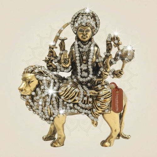 Maa Durga Brass Idol 6" Seated on Lion with Jewellery Stone Accents