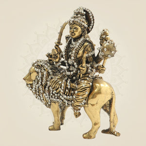 Maa Durga Brass Idol 6" Seated on Lion with Jewellery Stone Accents - Luxeartisanship
