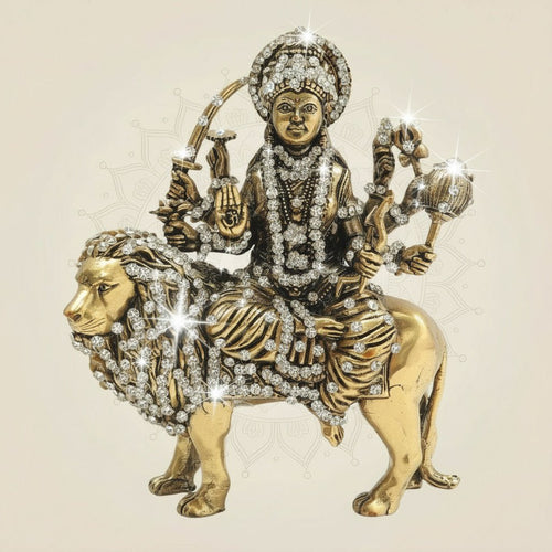 Maa Durga Brass Idol 6" Seated on Lion with Jewellery Stone Accents