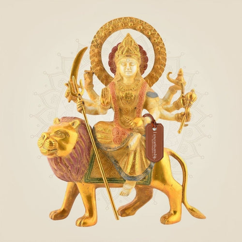 Maa Durga on Lion – 12" Brass Idol | Multicolor Mud Finish Showpiece