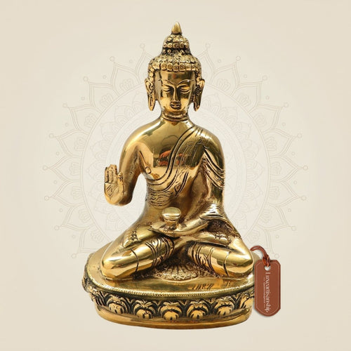 Meditating Buddha Brass Idol in Blessing Pose 9.75"