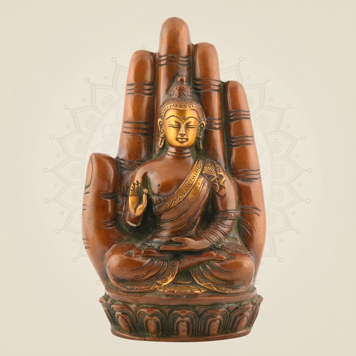 Meditating Brass Buddha on Palm Idol
