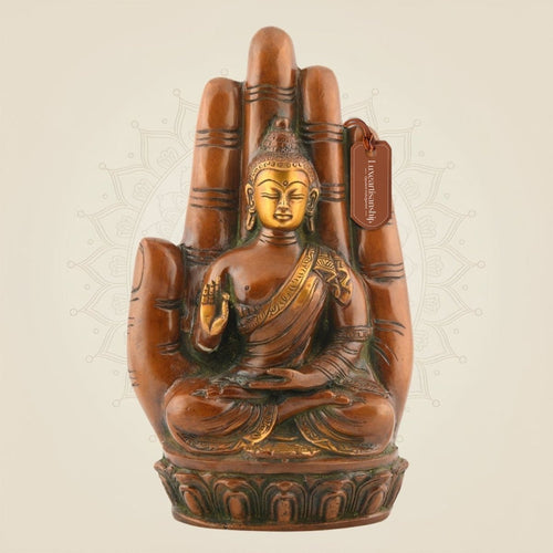 Meditating Buddha on Palm – Brass Idol in Butter Polish for Peace & Decor 9.25"