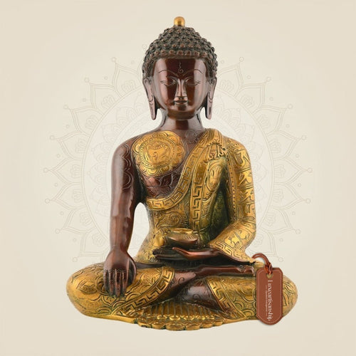 Meditating Buddha with Matka Statue – 12" Nepali Orange Brass Decor Multicolor Idol