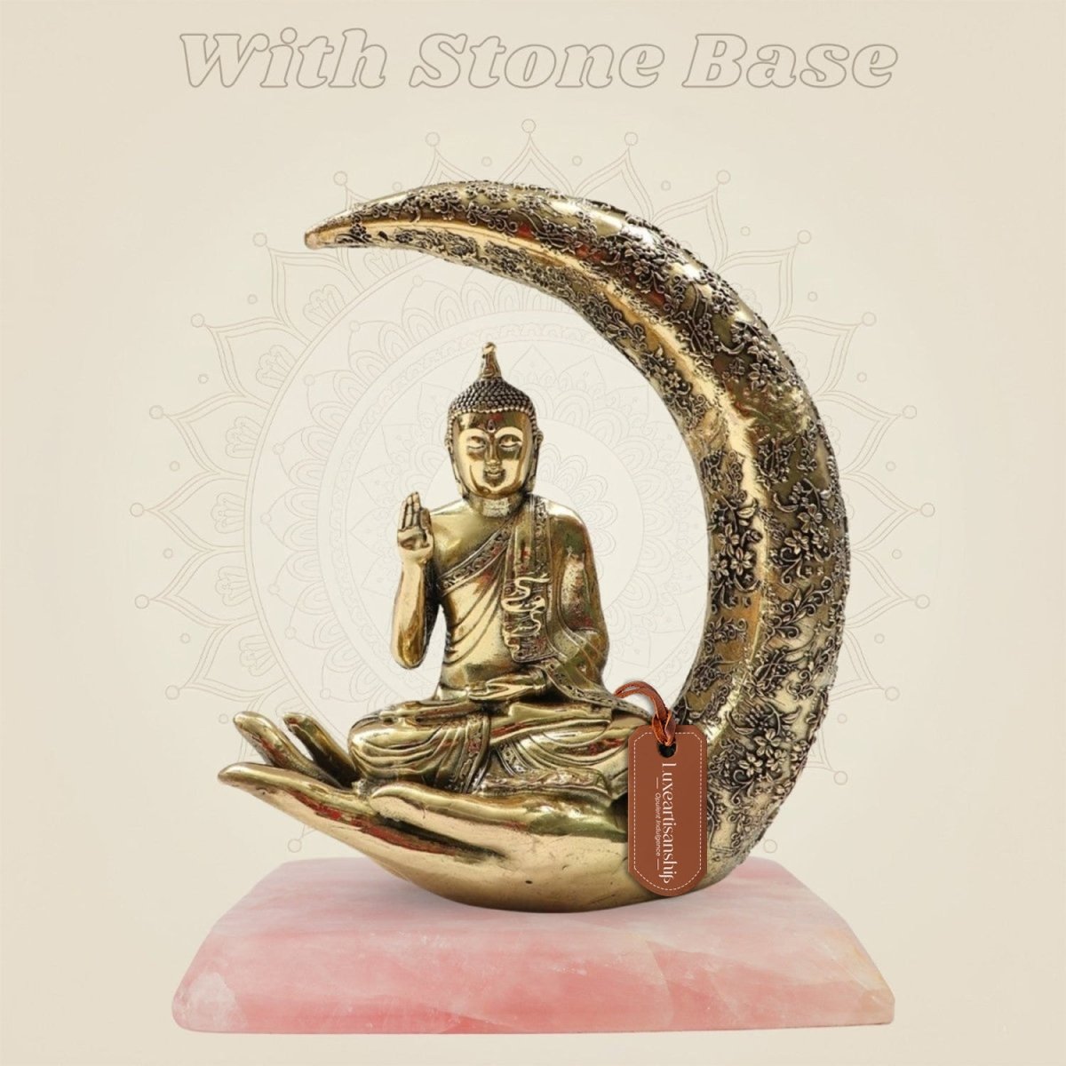 Brass Moon Buddha Idol with Stone Base