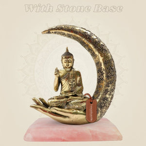 Brass Moon Buddha Idol with Stone Base