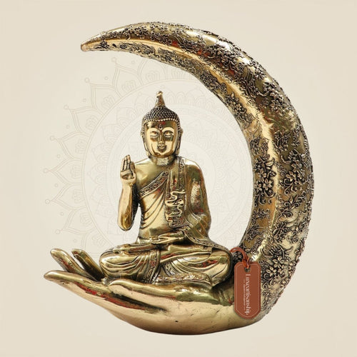 Meditating Moon Buddha Brass Statue 6.25" for Office Decor