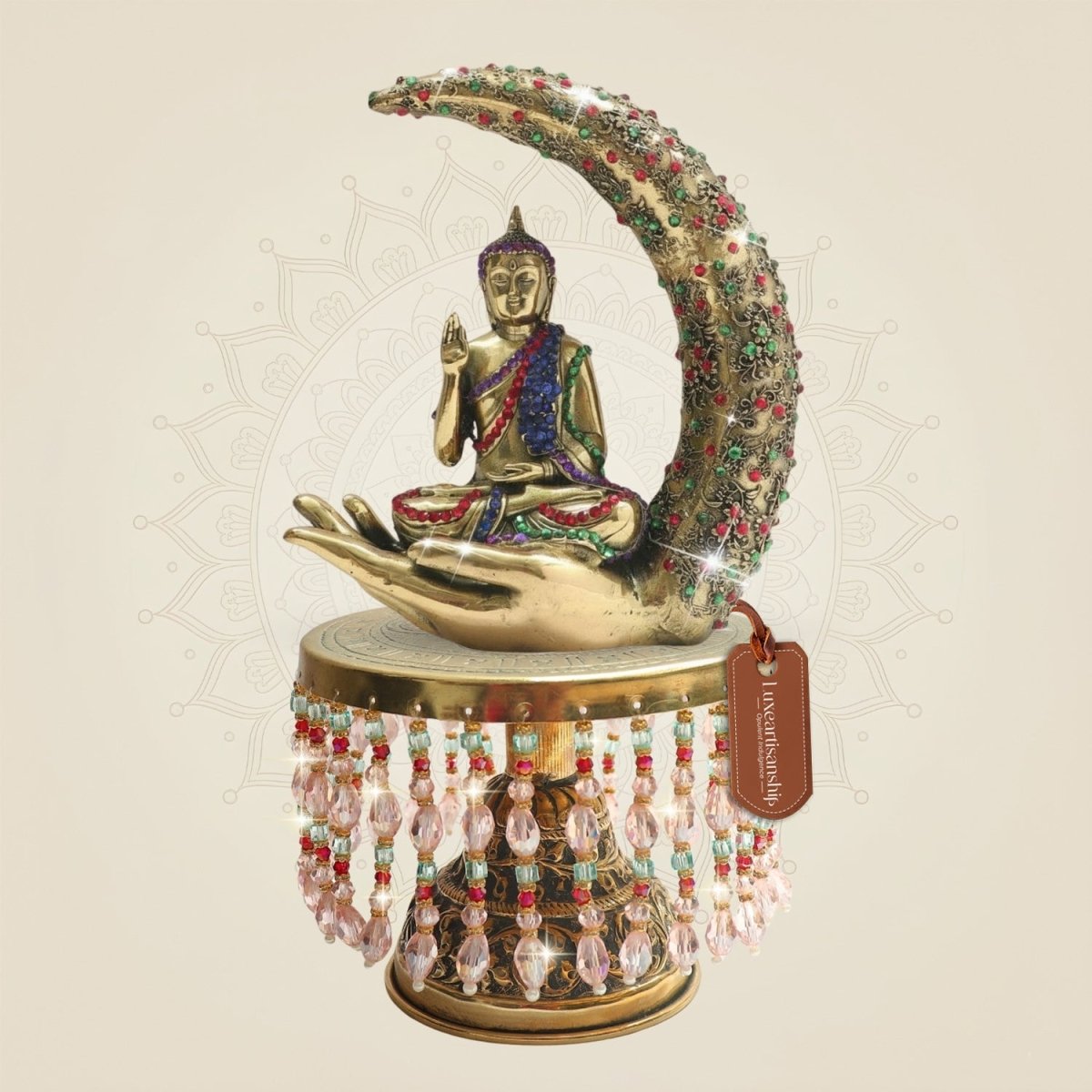 Meditation Buddha Brass Murti 10.25' on Crescent Base with Chowki for Peace - Luxeartisanship