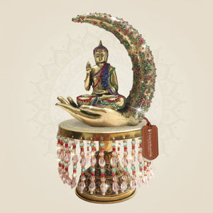 Meditation Buddha Brass Murti 10.25' on Crescent Base with Chowki for Peace - Luxeartisanship