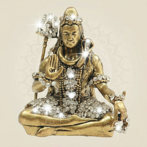 Meditative Brass Shiva Idol Enhanced with Fine Jewellery Stone 3"