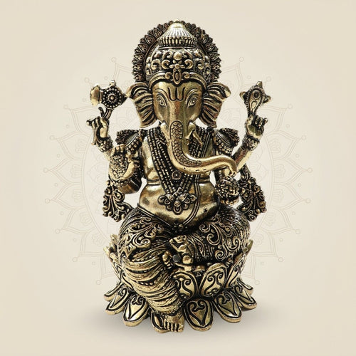 Ornate Brass Ganesha Idol 4"– Seated Ganpati Statue with Detailed Lotus Base