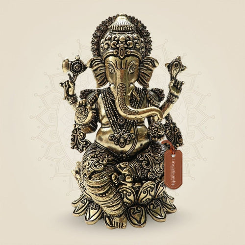 Ornate Brass Ganesha Idol 4"– Seated Ganpati Statue with Detailed Lotus Base