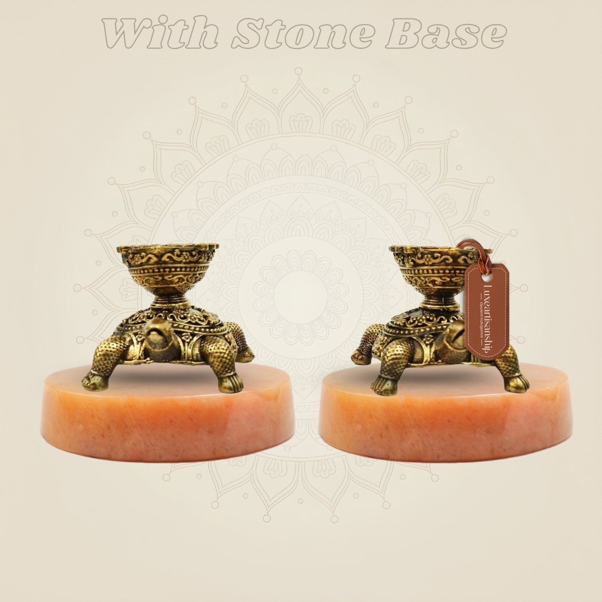 Pair of Brass Turtle Diyas 2.5" on gemstone base