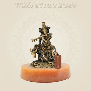 Panchaloha Krishna Playing Flute with Cow Bronze Idol 3" - Luxeartisanship