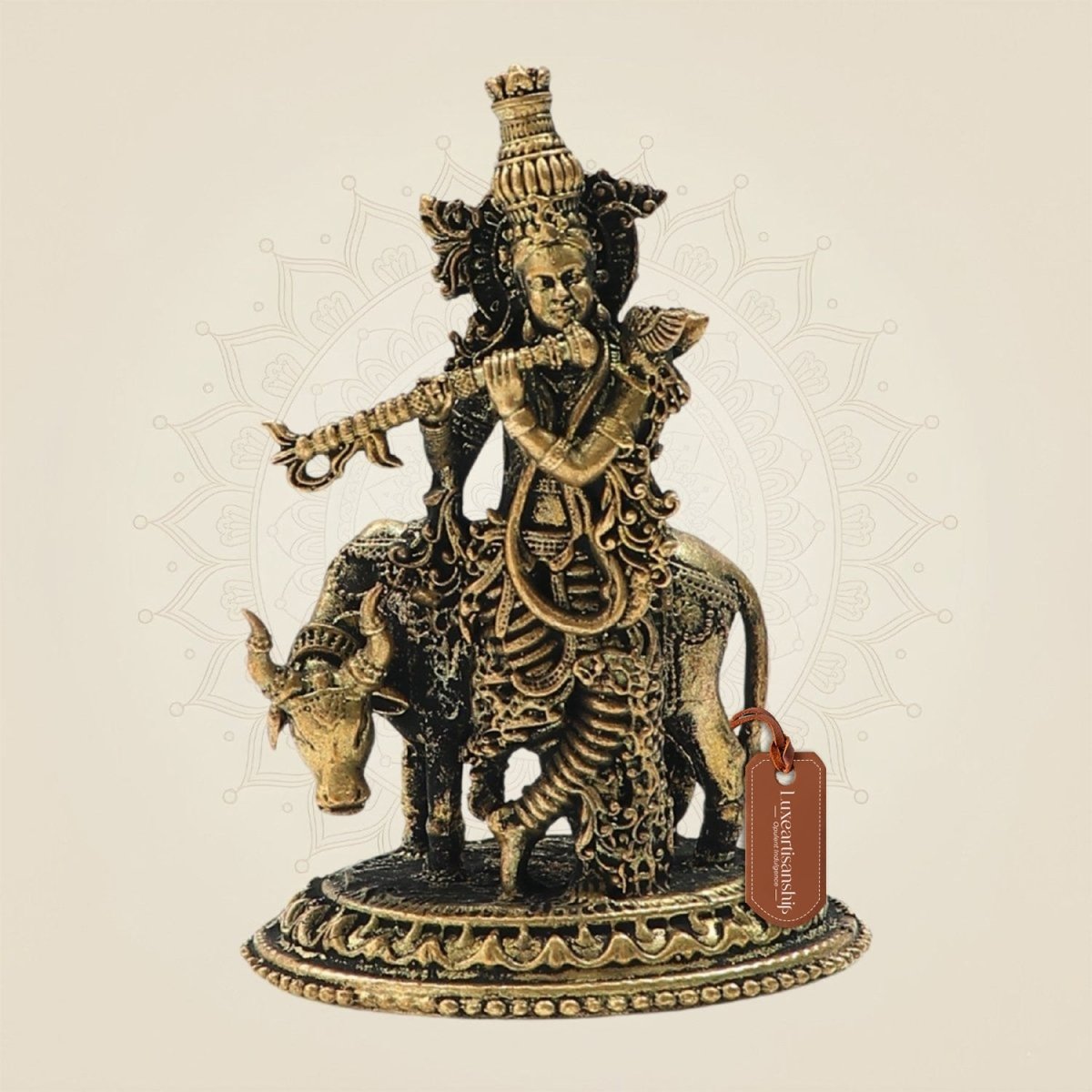 Panchaloha Krishna Playing Flute with Cow Bronze Idol 3" - Luxeartisanship