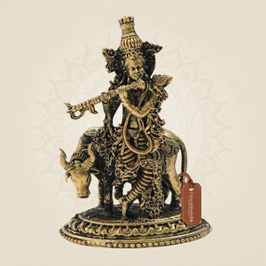 Panchaloha Krishna Playing Flute with Cow Bronze Idol 3" - Luxeartisanship