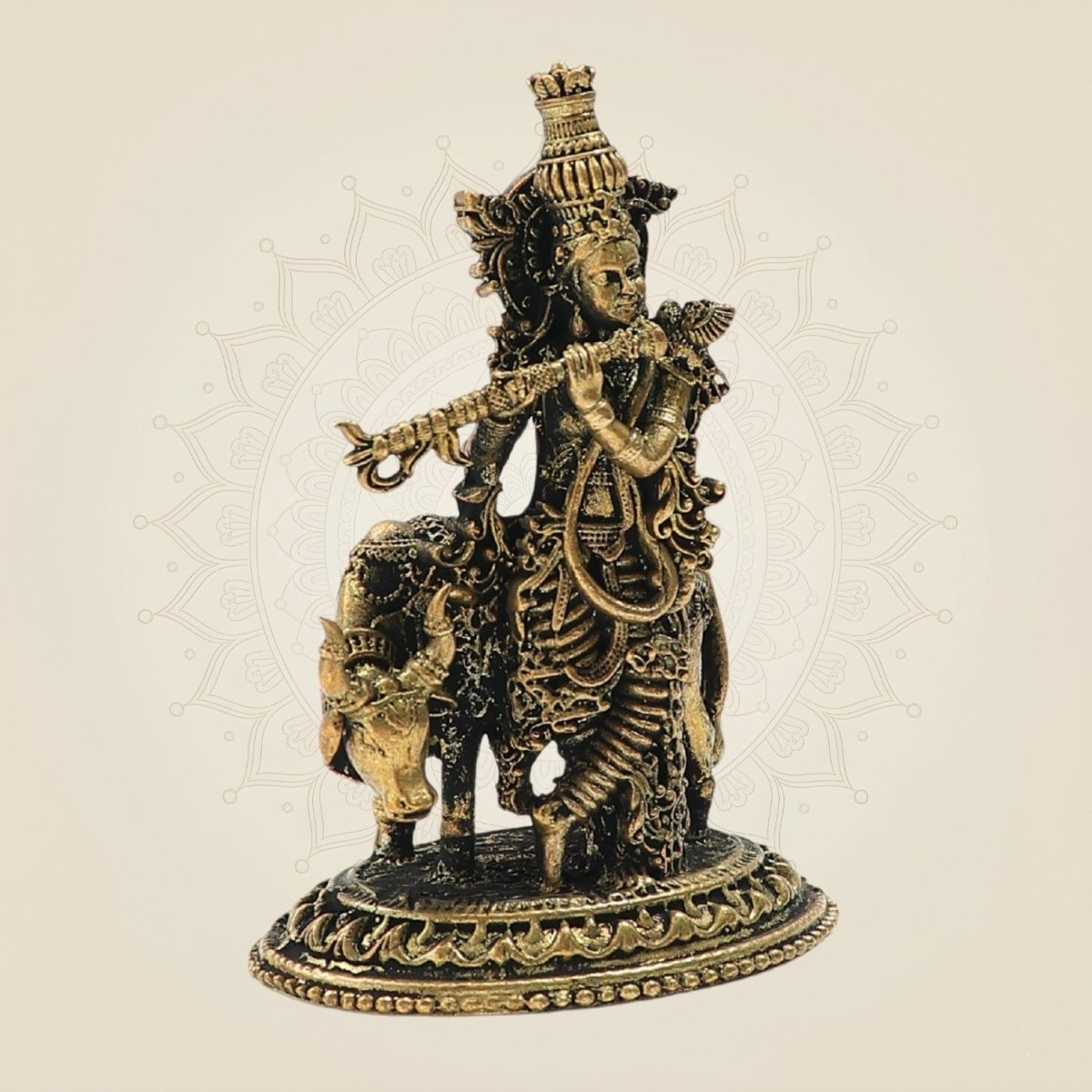 Panchaloha Krishna Playing Flute with Cow Bronze Idol 3"– Detailed Decorative Statue - Luxeartisanship