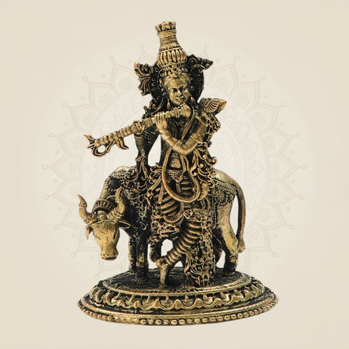 Panchaloha Krishna Playing Flute with Cow Bronze Idol 3"