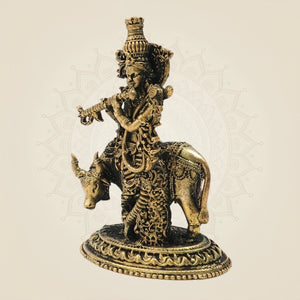 Panchaloha Krishna Playing Flute with Cow Bronze Idol 3"– Detailed Decorative Statue - Luxeartisanship