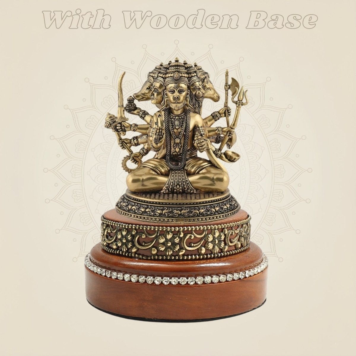 Panchmukhi Hanuman Brass Murti 3" Positioned on a Round Wooden Base - Luxeartisanship