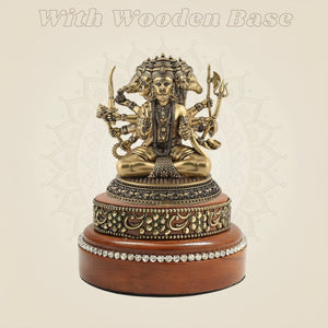 Panchmukhi Hanuman Brass Murti 3" Positioned on a Round Wooden Base - Luxeartisanship