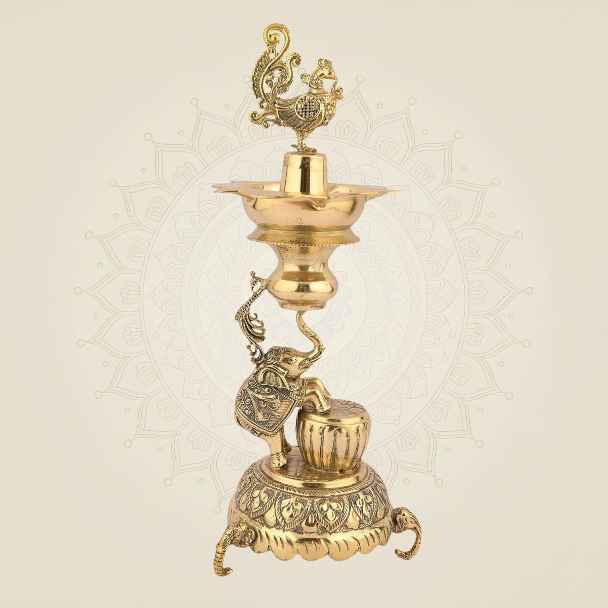 Peacock Brass Diya with Elephant Design