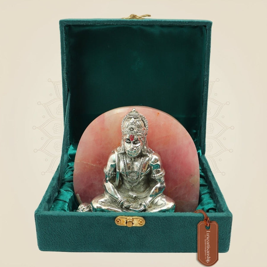 Premium 999 Silver Plated Hanuman Ji Idol with Stone Base for Home Temple & Gifting