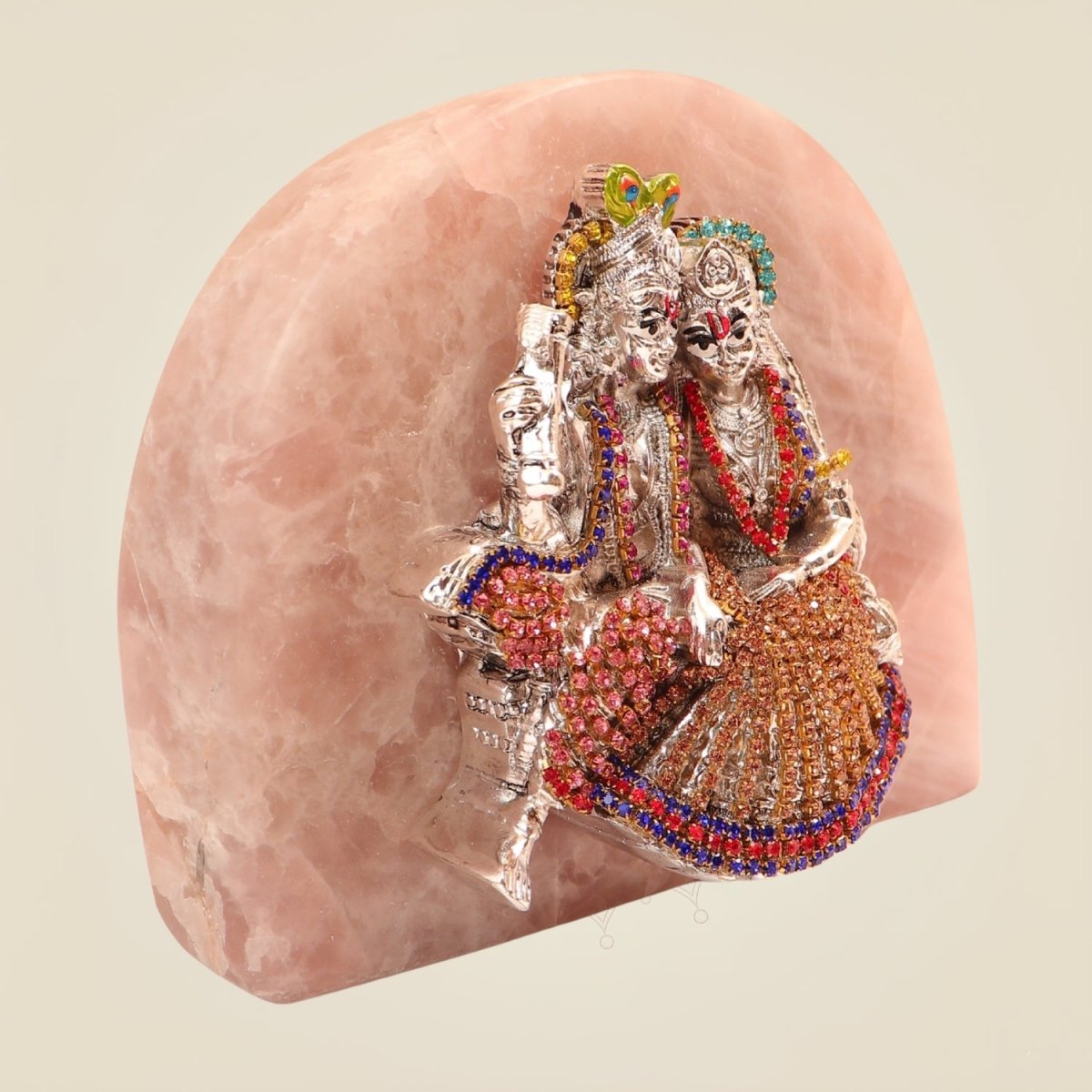 Premium 999 Silver Plated Radha Krishna Idol with Stone Work on Rose Quartz Base for Home Temple - Luxeartisanship