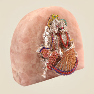 Premium 999 Silver Plated Radha Krishna Idol with Stone Work on Rose Quartz Base for Home Temple - Luxeartisanship