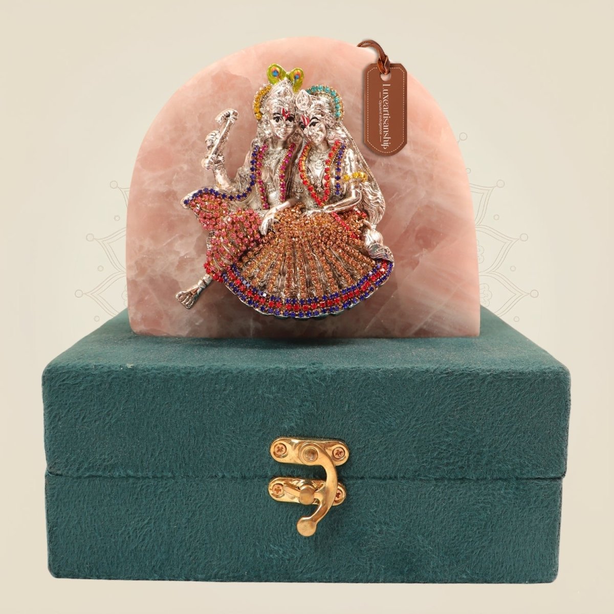 Premium 999 Silver Plated Radha Krishna Idol with Stone Work on Rose Quartz Base for Home Temple - Luxeartisanship