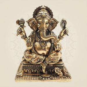 Premium Brass Ganesha on Singhasan Idol 6" with Royal Seating - Luxeartisanship