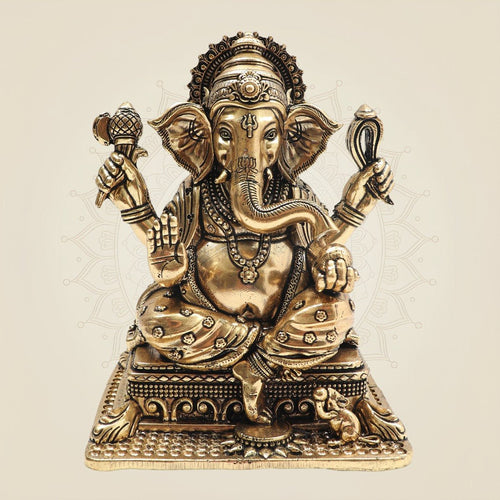 Premium Brass Ganesha on Singhasan Idol 6" with Royal Seating