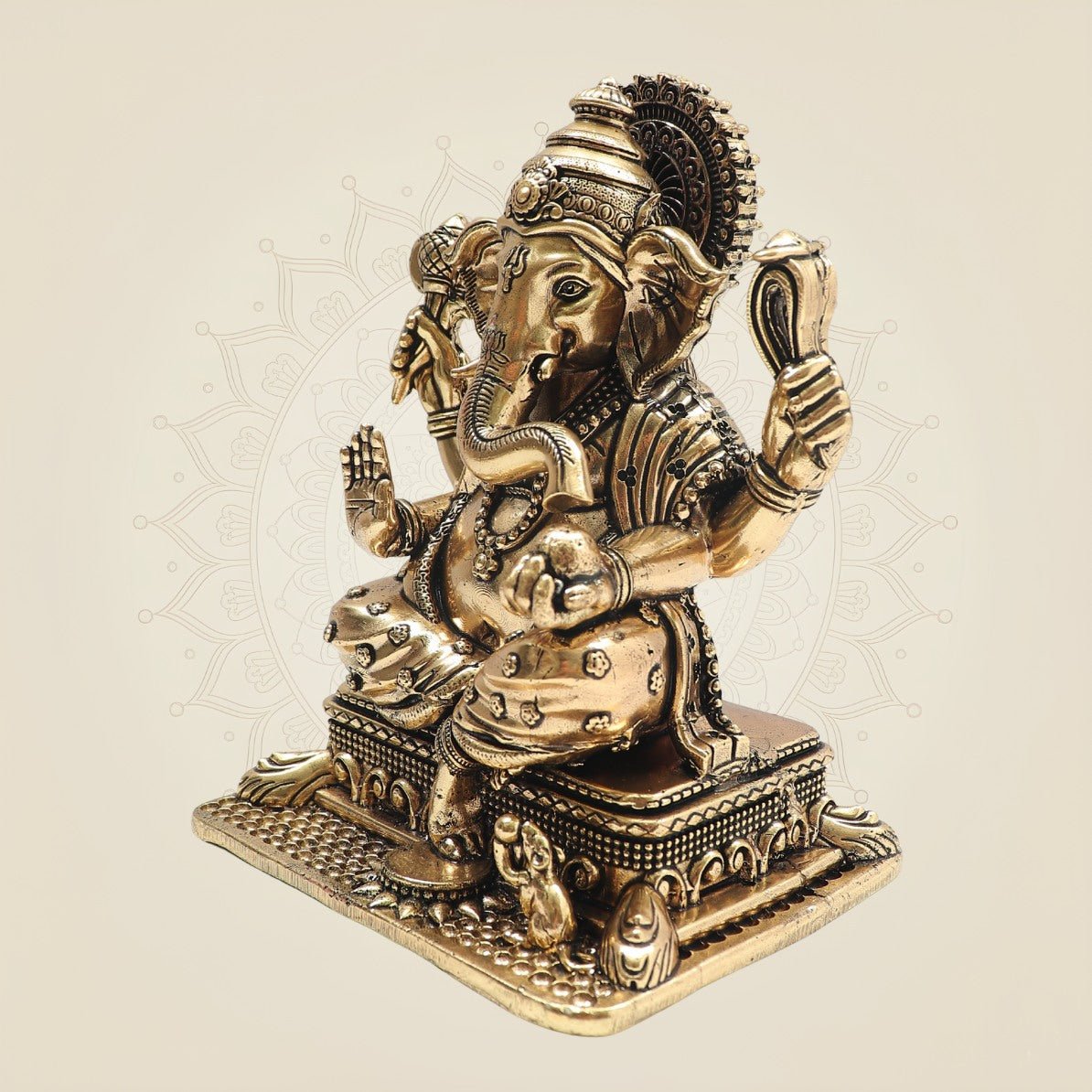 Premium Brass Ganesha on Singhasan Idol 6" with Royal Seating - Luxeartisanship
