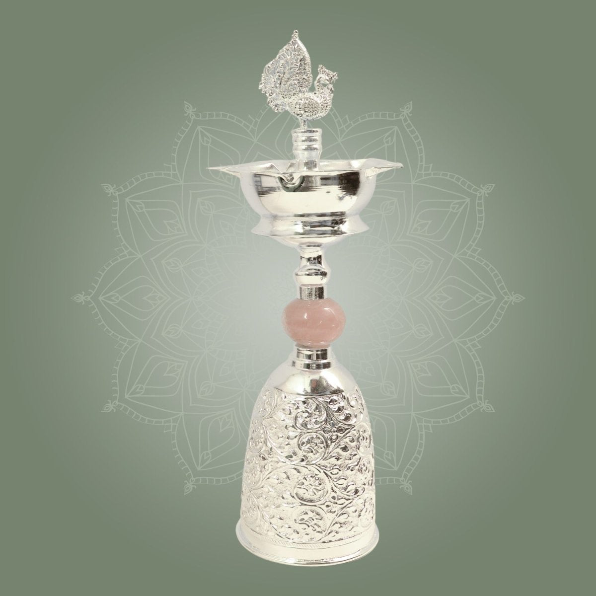 Premium Silver Plated Samai Oil Lamp with Pink Stone - Brass Diya for Pooja - Luxeartisanship