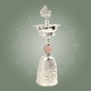 Premium Silver Plated Samai Oil Lamp with Pink Stone - Brass Diya for Pooja - Luxeartisanship